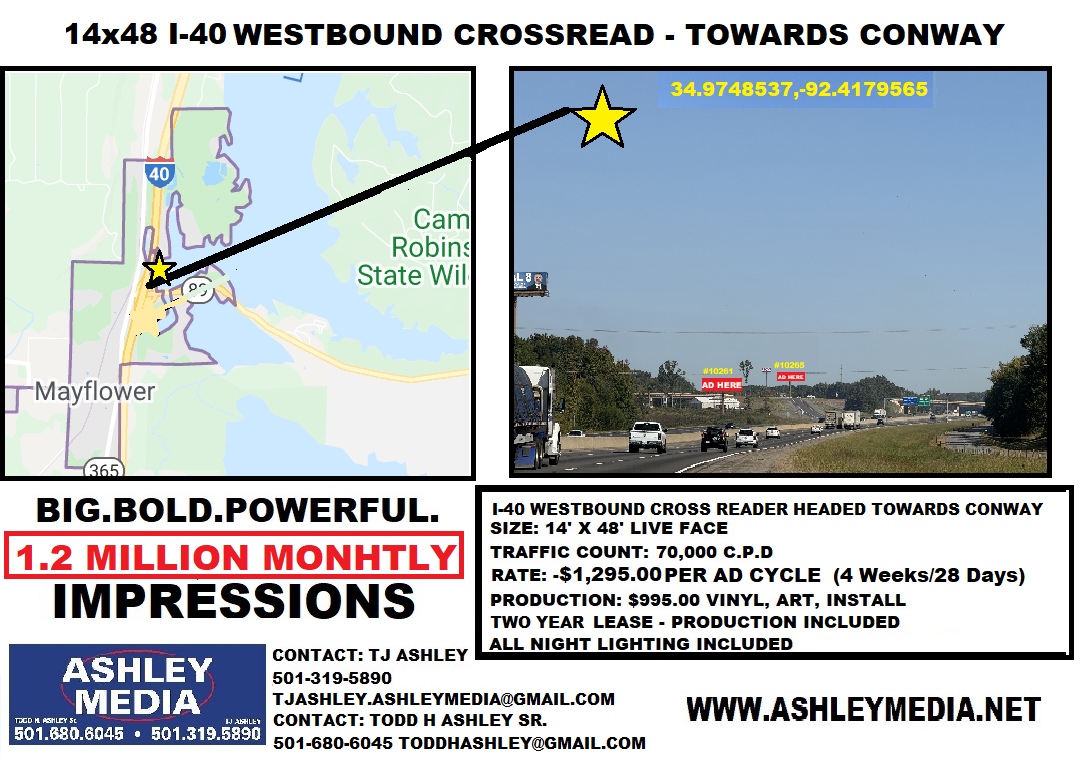 I-40 Westbound second cross reader billboard toward Conway