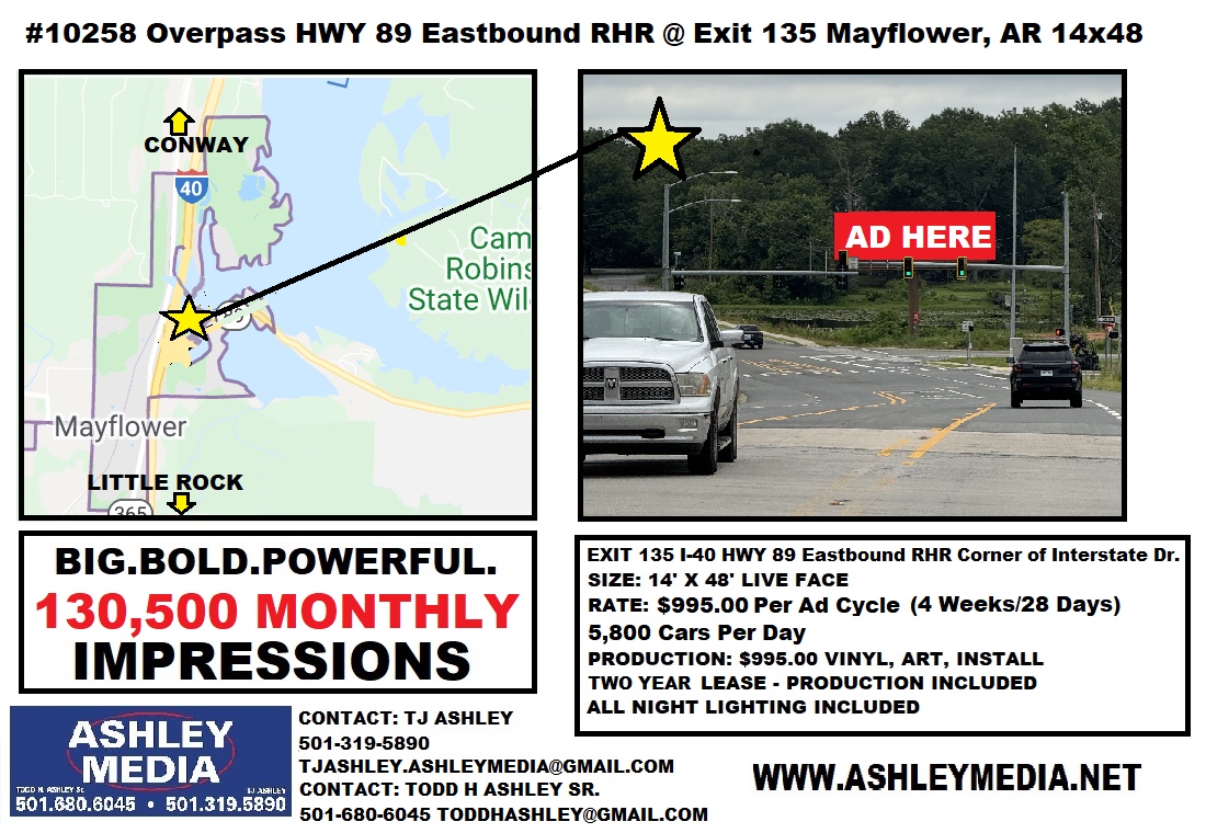 Hwy 89 Eastbound overpass billboard Exit 135 Mayflower