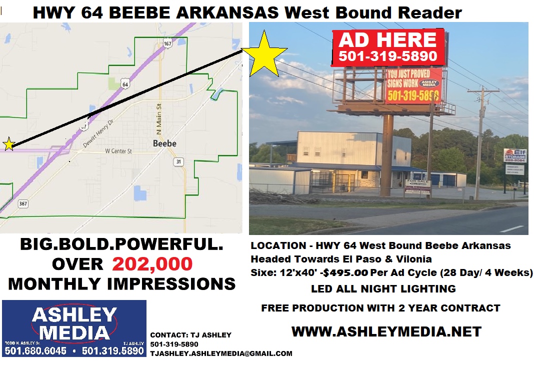 Hwy 64 westbound Beebe toward El Paso and Vilonia billboard